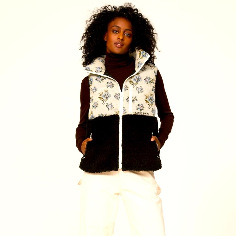 Sandy Liang Floral Patterned Black Fleece Vest